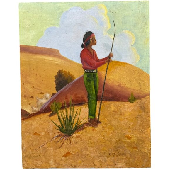 Vintage 1981 Cee Cee Oil Painting Of Native American Man Desert Landscape READ - Picture 1 of 8